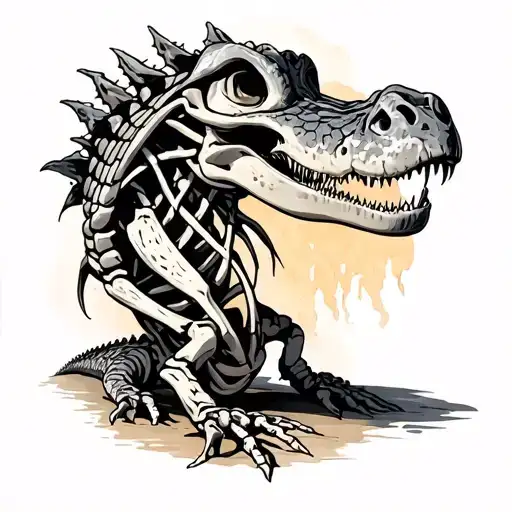 full length alligator skeleton with flesh and tail tattoo design idea