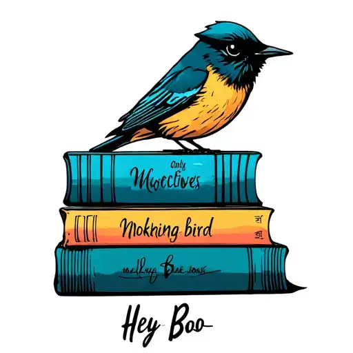 Only four books stacked, To Kill a Mocking bird, Hey Boo, delete the adjectives  tattoo design idea
