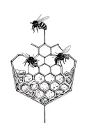 fineline geometric honeycomb with 2 small highly detailed bees making honey in the comb tattoo design idea