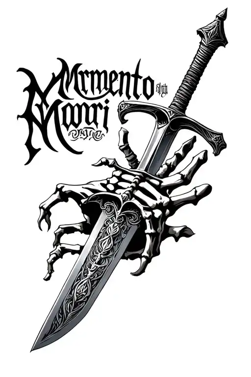 a sword with sekeleton jhanf and normal hand whitht the words mrmento mori  tattoo design idea