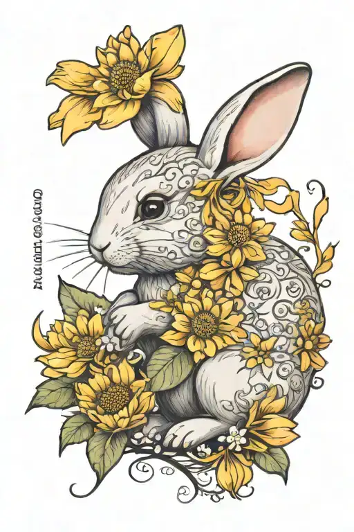 little bunny smelling a yellow chrysanthemum flower with a writing "mia coniglietta" in cursive below it tattoo design idea