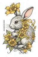 little bunny smelling a yellow chrysanthemum flower with a writing "mia coniglietta" in cursive below it tattoo design idea