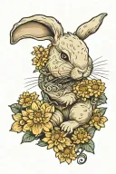 little bunny smelling a yellow chrysanthemum flower with a writing "mia coniglietta" in cursive below it tattoo design idea