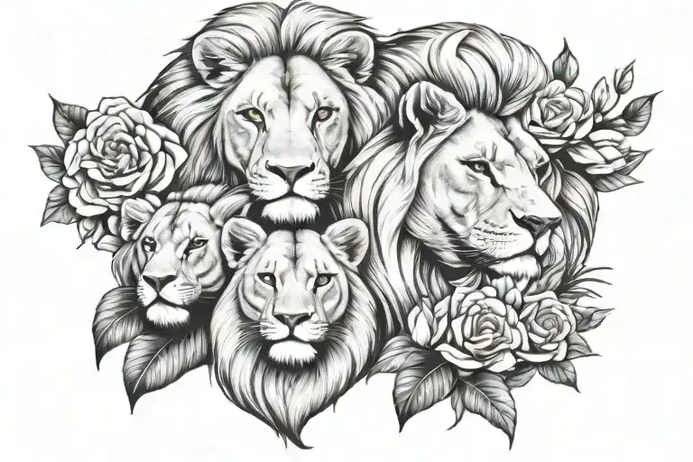 mother lion, fater lion and two childs with flowers  tattoo design idea
