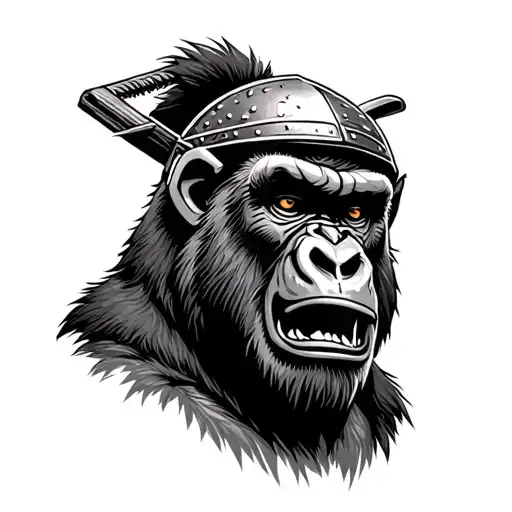 a gorilla with an extremely angry expression, his face slightly turned to the left. wearing a samurai helmet is fine tattoo design idea