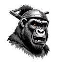 a gorilla with an extremely angry expression, his face slightly turned to the left. wearing a samurai helmet is fine tattoo design idea