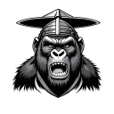 a gorilla with an extremely angry expression, his face slightly turned to the left. wearing a samurai helmet is fine tattoo design idea