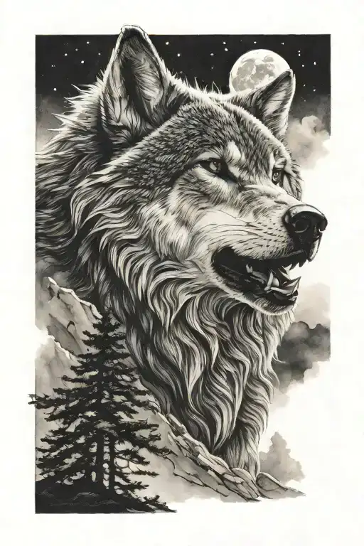 lone wolf howling at the moon tattoo design idea