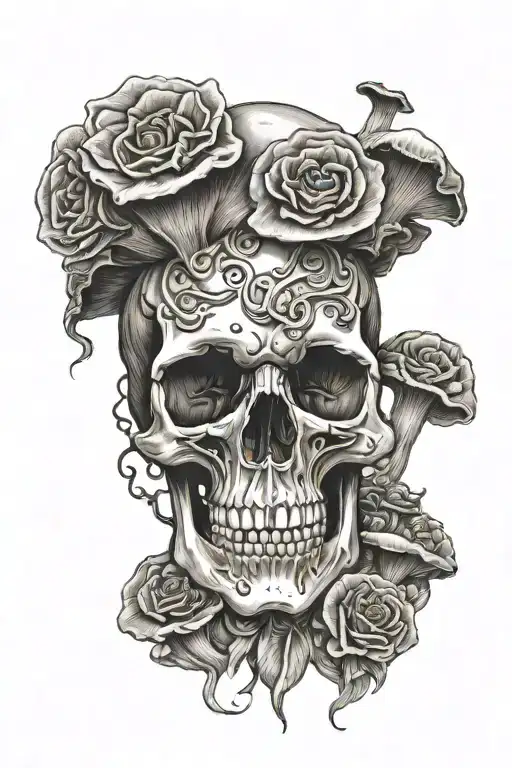 skull and mushrooms growing tattoo design idea