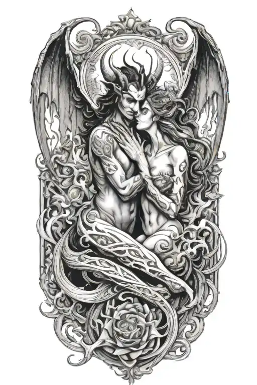 Succubus and incubus making love. Flames. tattoo design idea