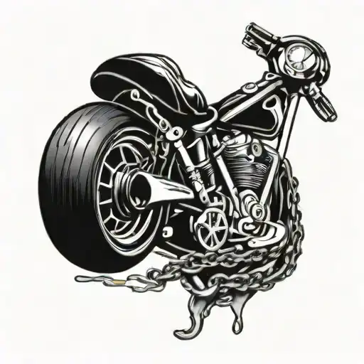 Create a tattoo with a mixing bowl, guitar strings, a wrench, and a motorcycle chain intertwined together tattoo design idea