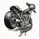 Create a tattoo with a mixing bowl, guitar strings, a wrench, and a motorcycle chain intertwined together tattoo design idea