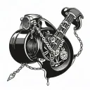 Create a tattoo with a mixing bowl, guitar strings, a wrench, and a motorcycle chain intertwined together tattoo design idea