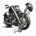 Create a tattoo with a mixing bowl, guitar strings, a wrench, and a motorcycle chain intertwined together tattoo design idea