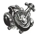 Create a tattoo with a mixing bowl, guitar strings, a wrench, and a motorcycle chain intertwined together tattoo design idea