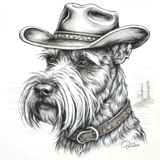 salt and pepper schnauzer with cowboy hat and brown eyes and a collar looking to the side with western background tattoo design idea
