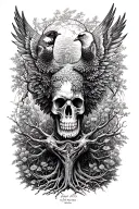 Create me a tattoo design combining elements like trees, god, birds, and make it designed so i can include 4 death dates tattoo design idea