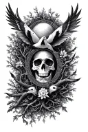 Create me a tattoo design combining elements like trees, god, birds, and make it designed so i can include 4 death dates tattoo design idea