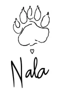 Minimalist fine-line tattoo with a vertical layout: a dog paw and the name “Nala” aligned along a thin line. Small lette tattoo design idea