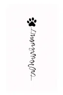 Minimalist fine-line tattoo with a vertical layout: a dog paw and the name “Nala” aligned along a thin line. Small lette tattoo design idea