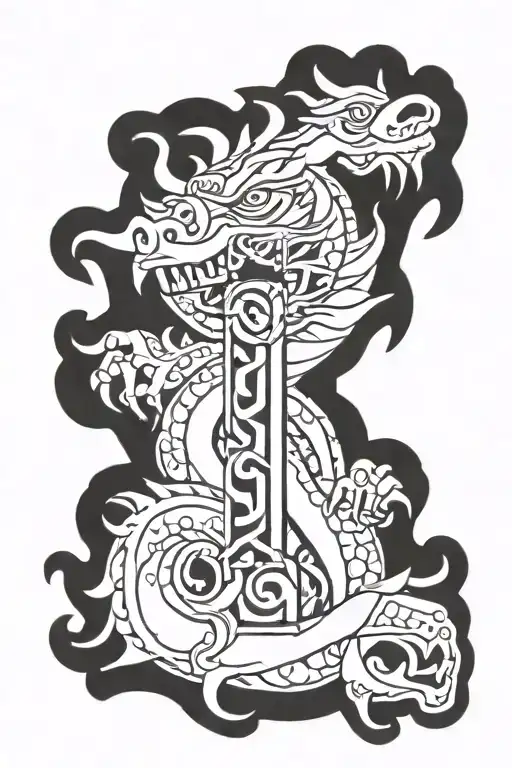 cross with Aztec dragon wrapped round tattoo design idea