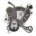 An abstract tattoo featuring bar equipment like stirrers and strainers morphing into a music staff tattoo design idea