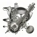 An abstract tattoo featuring bar equipment like stirrers and strainers morphing into a music staff tattoo design idea