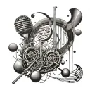 An abstract tattoo featuring bar equipment like stirrers and strainers morphing into a music staff tattoo design idea