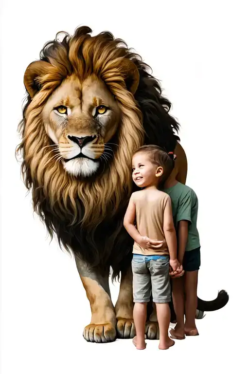 Lion assisted with a child next door tattoo design idea