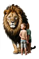 Lion assisted with a child next door tattoo design idea