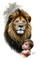 Lion assisted with a child next door tattoo design idea