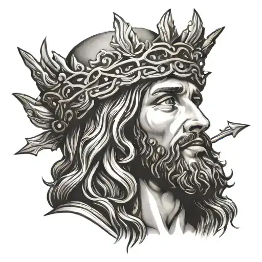 Jesus Christ praying with his thorn crown and a tear running down his cheek tattoo design idea