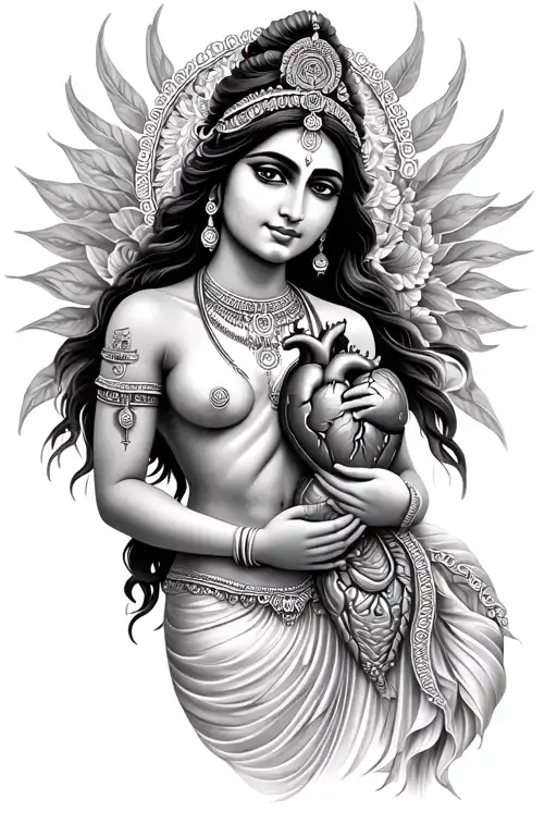 parvati godess holding anatomic heart tattoo design idea
