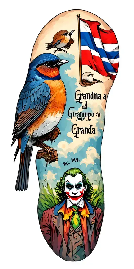 "Grandma and Grandpa W M Q J" Sleeve with 2 robins and a faded Dutch flag with the flag of Utrecht and Icarus that falls and the Joker tattoo design idea