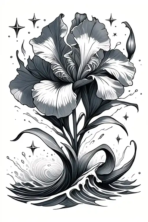 Neo-traditional tattoo design, giant iris flower transforming into ocean waves, stars splashing from petals, broken chai tattoo design idea