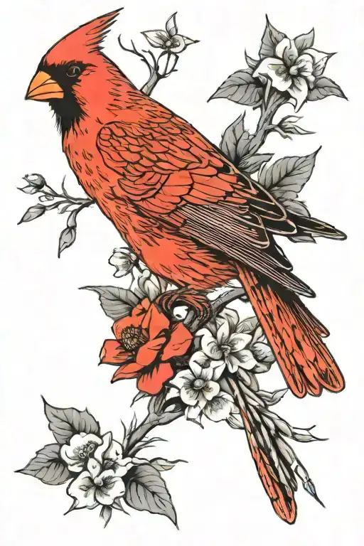 red cardinal surrounded by black and white flowers tattoo design idea