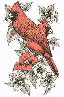 red cardinal surrounded by black and white flowers tattoo design idea