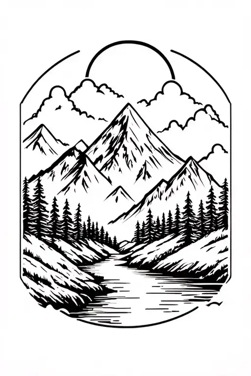 mountain with trees and a river flowing tattoo design idea