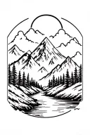 mountain with trees and a river flowing tattoo design idea