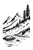 mountain with trees and a river flowing tattoo design idea