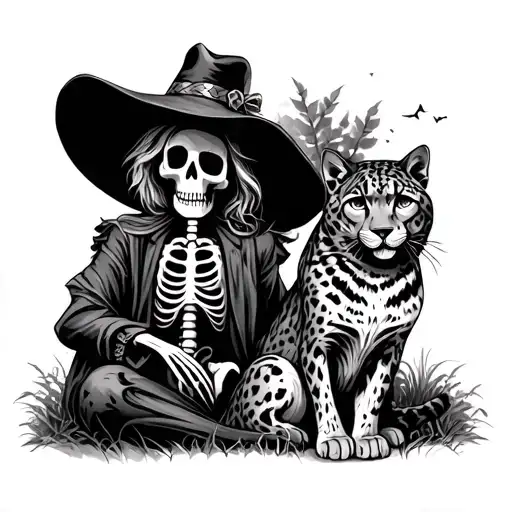 skeleton scarecrow with a grey snow leopard next to it in a New Orleans graveyard  tattoo design idea