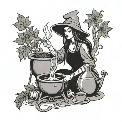 A witch brewing a magical potion with weed leaves and food ingredients in her cauldron tattoo design idea