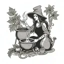A witch brewing a magical potion with weed leaves and food ingredients in her cauldron tattoo design idea