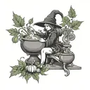 A witch brewing a magical potion with weed leaves and food ingredients in her cauldron tattoo design idea
