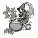 A witch brewing a magical potion with weed leaves and food ingredients in her cauldron tattoo design idea