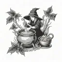A witch brewing a magical potion with weed leaves and food ingredients in her cauldron tattoo design idea