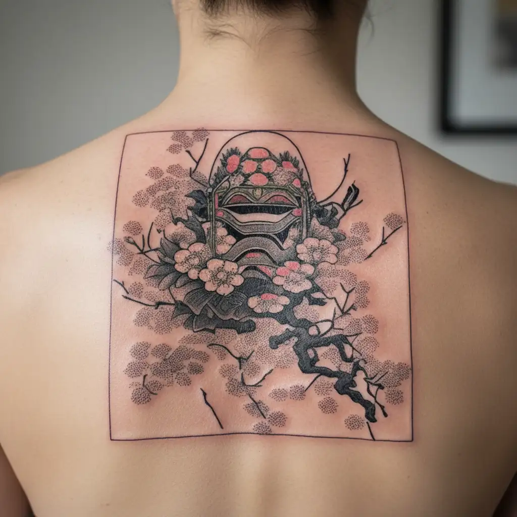 ronin mask with japanese flowers behind, the tattoo is on the chest tattoo design idea