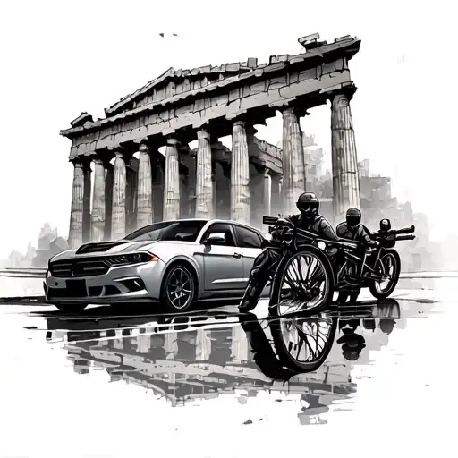 I want the Parthenon as background and  in front to have a car with people with guns and a bike tattoo design idea