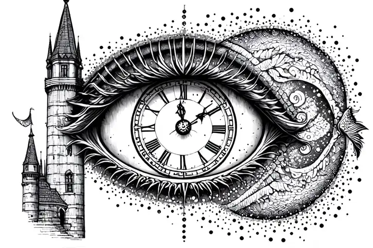 Pisces zodiac sign 3rd eye clock tower tattoo design idea