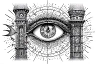 Pisces zodiac sign 3rd eye clock tower tattoo design idea